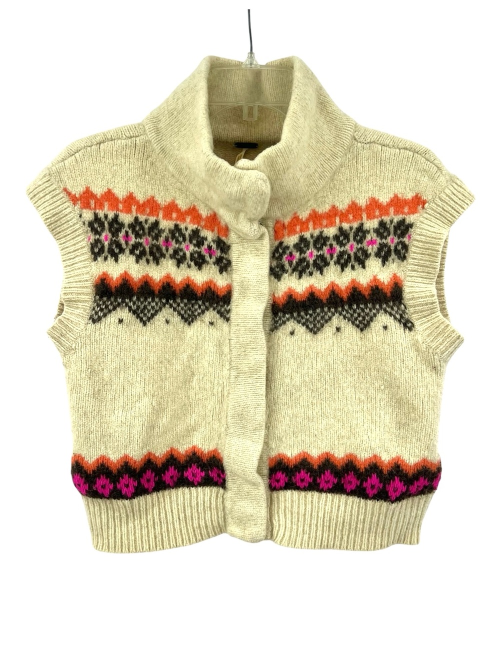 Free People Fair Aisle Knit Wool Mohair Crop Snap Cardigan Sweater Vest